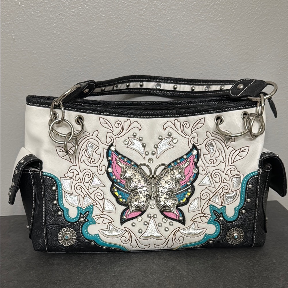 EUC Embroidered Butterfly Women's Bag - Black, White, Pink western.